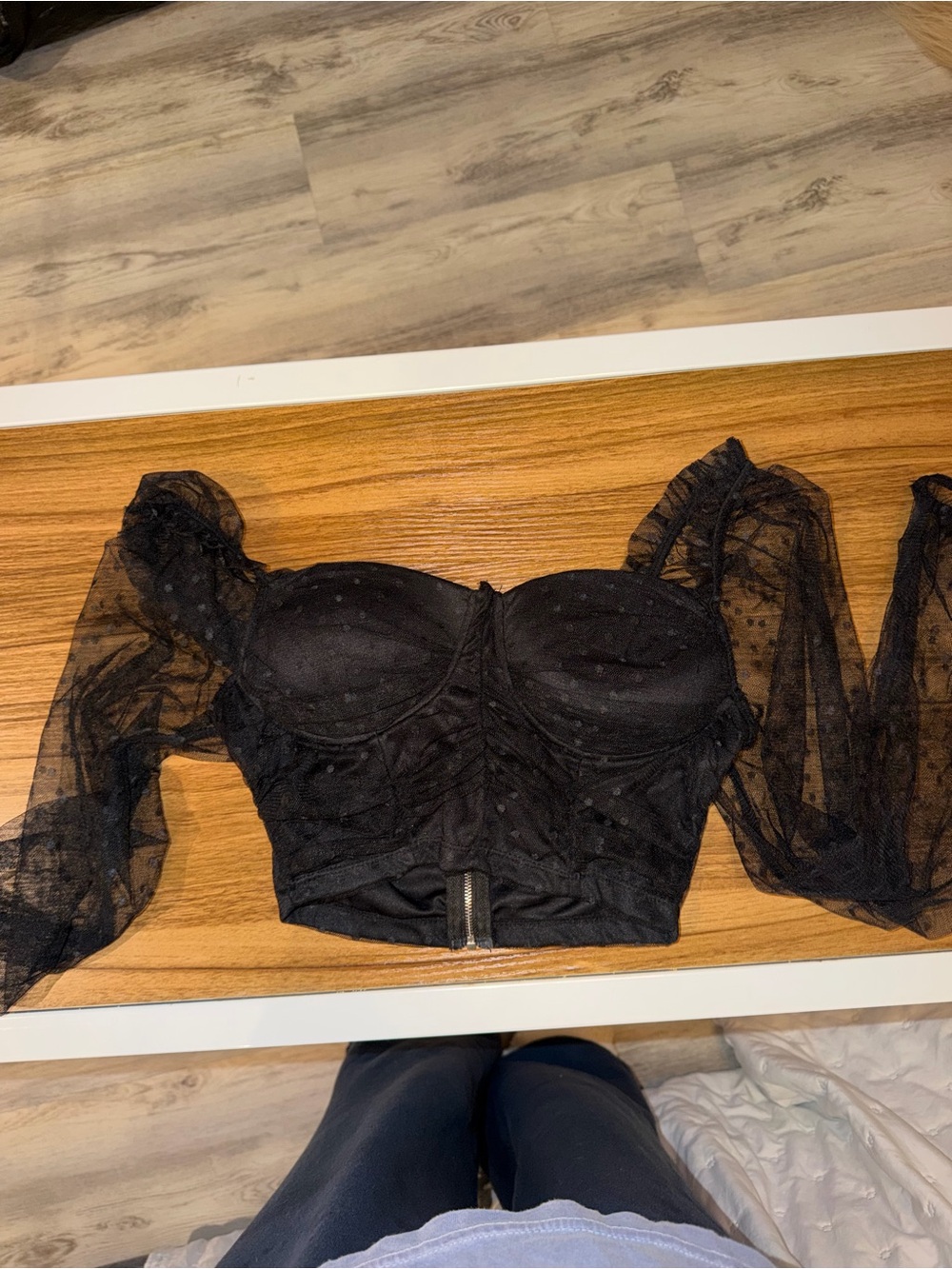 iris Black Sheer Puff-Sleeve Bustier Crop Top